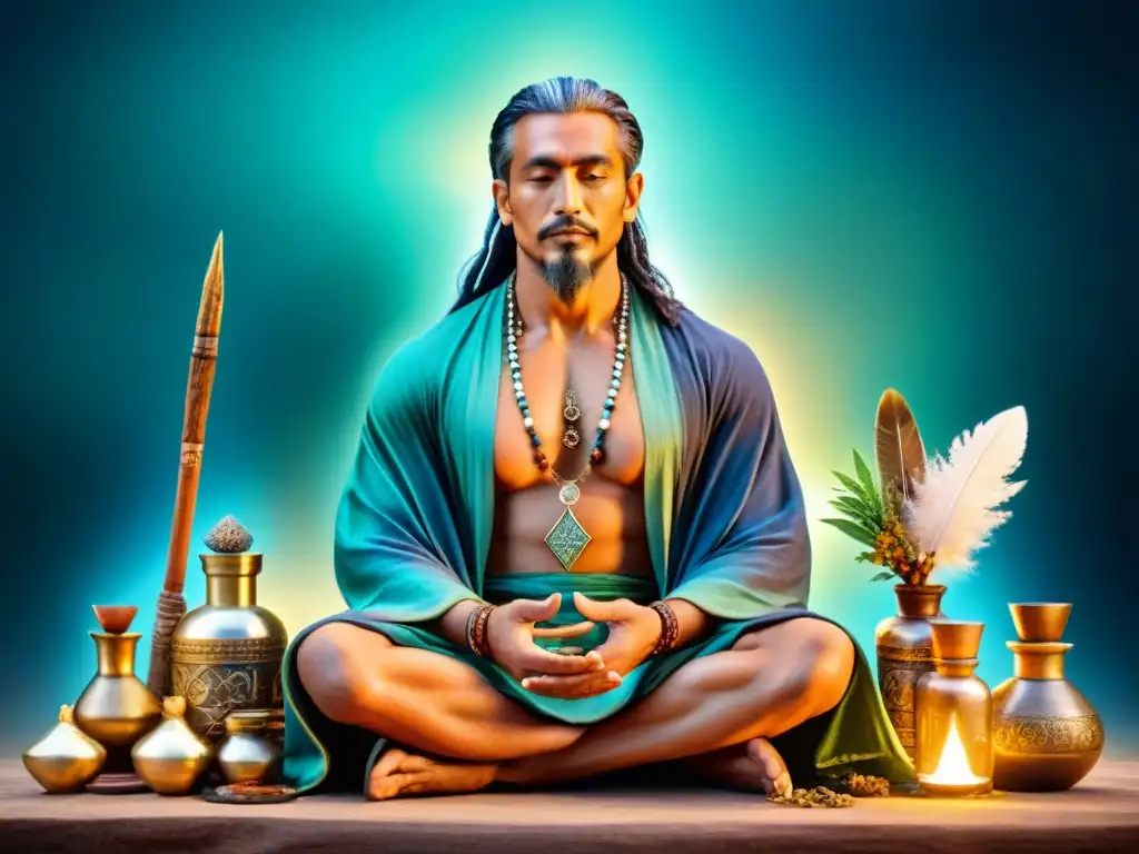 Ilustración detallada en sepia de un antiguo alquimista y un chamán, rodeados de símbolos místicos y elementos naturales