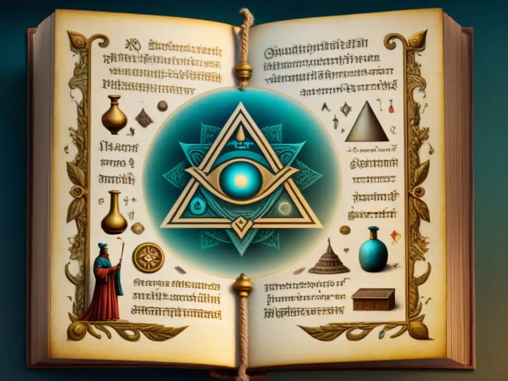 Manuscrito alquímico: sabiduría ancestral en pergamino Ilustración detallada de un antiguo manuscrito alquímico con símbolos místicos y diagramas, escrito en pergamino envejecido
