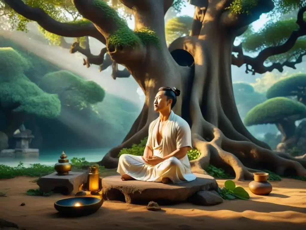 Ilustración detallada en sepia de Lu Dongbin meditando bajo un árbol antiguo, rodeado de símbolos y herramientas alquímicas