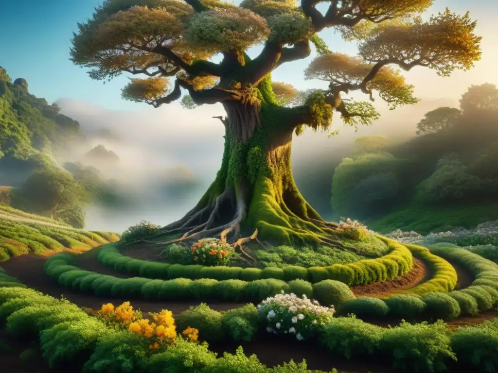 Ilustración sepia detallada de un árbol majestuoso con raíces profundas y ramas entrelazadas con flores, emitiendo sabiduría antigua y belleza natural