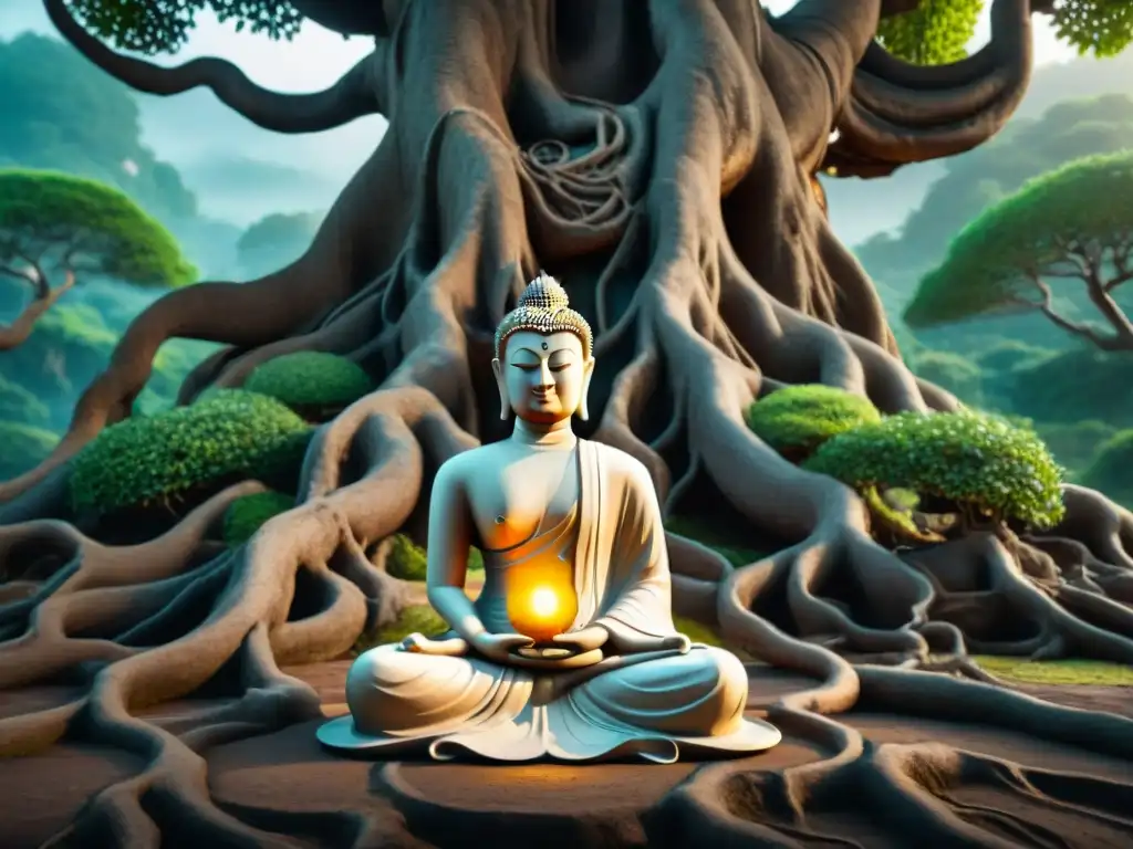 Ilustración sepia detallada: Buda meditando bajo un árbol, con símbolos alquímicos, fusionando iconografía religiosa y alquimia en la historia