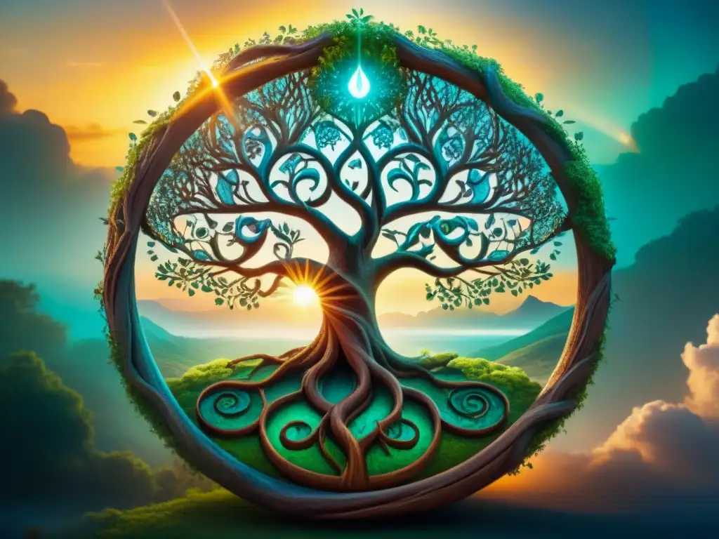 Una ilustración sepia detallada muestra el Árbol de la Vida de la Kabbalah entrelazado con símbolos alquímicos antiguos