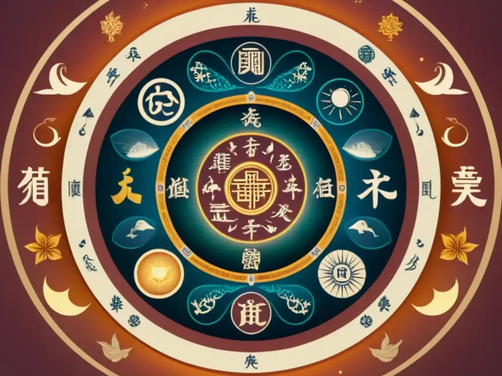 Ilustración sepia detallada que fusiona astrología y alquimia en la tradición china, con mapa celestial y símbolos alquímicos entrelazados