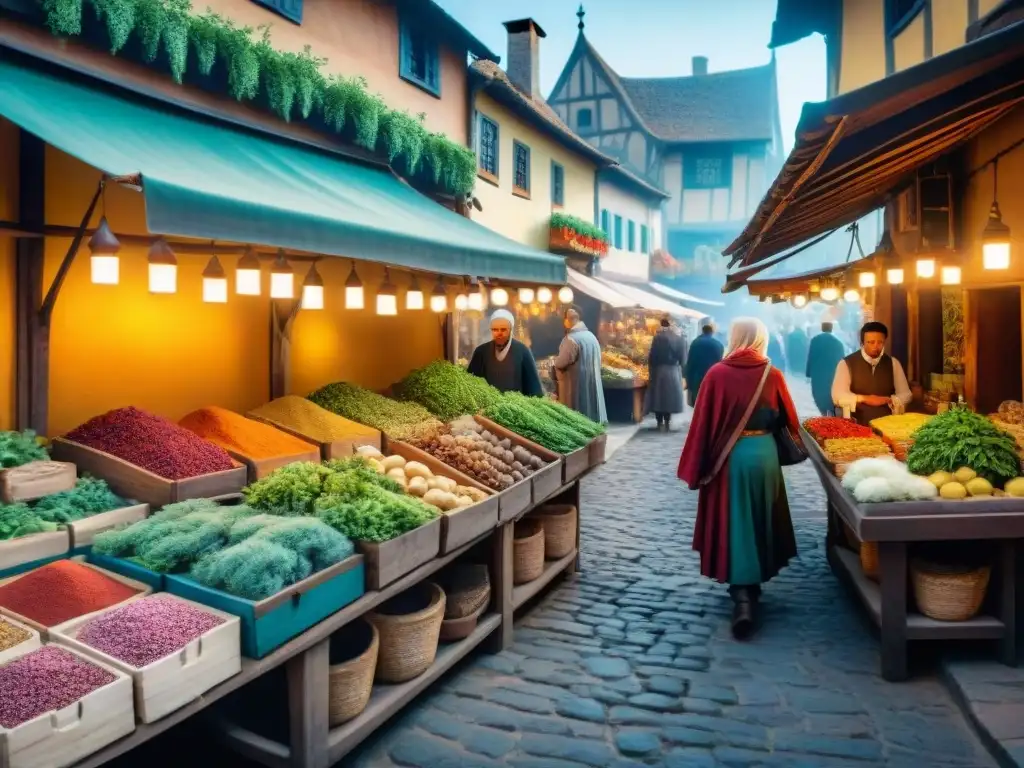 Ilustración detallada en sepia de un bullicioso mercado medieval, donde se venden plantas y especias aromáticas