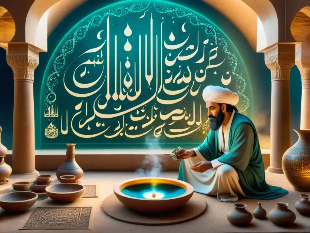 Ilustración sepia detallada de Jābir ibn Hayyān en bullicioso zoco islámico, con alquimistas y comerciantes