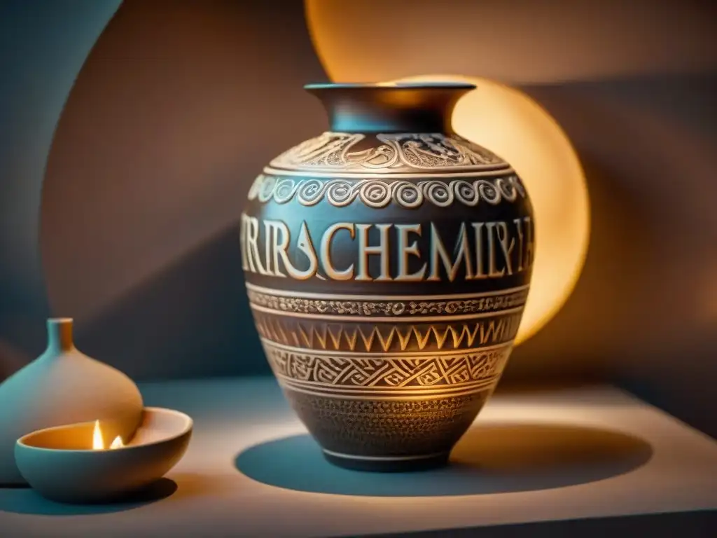 Detallada cerámica renacentista con símbolos alquímicos en tonos sepia, irradiando misterio y sabiduría antigua