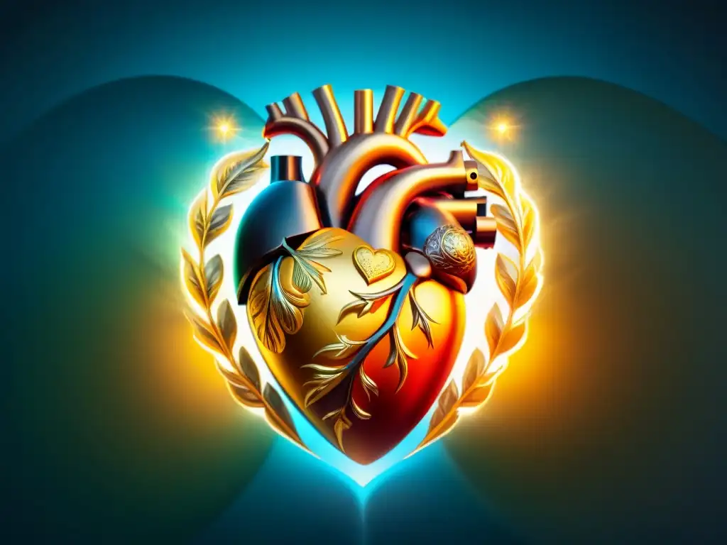 Ilustración sepia detallada de un corazón transformándose en un símbolo dorado, rodeado de alquimia y elementos místicos