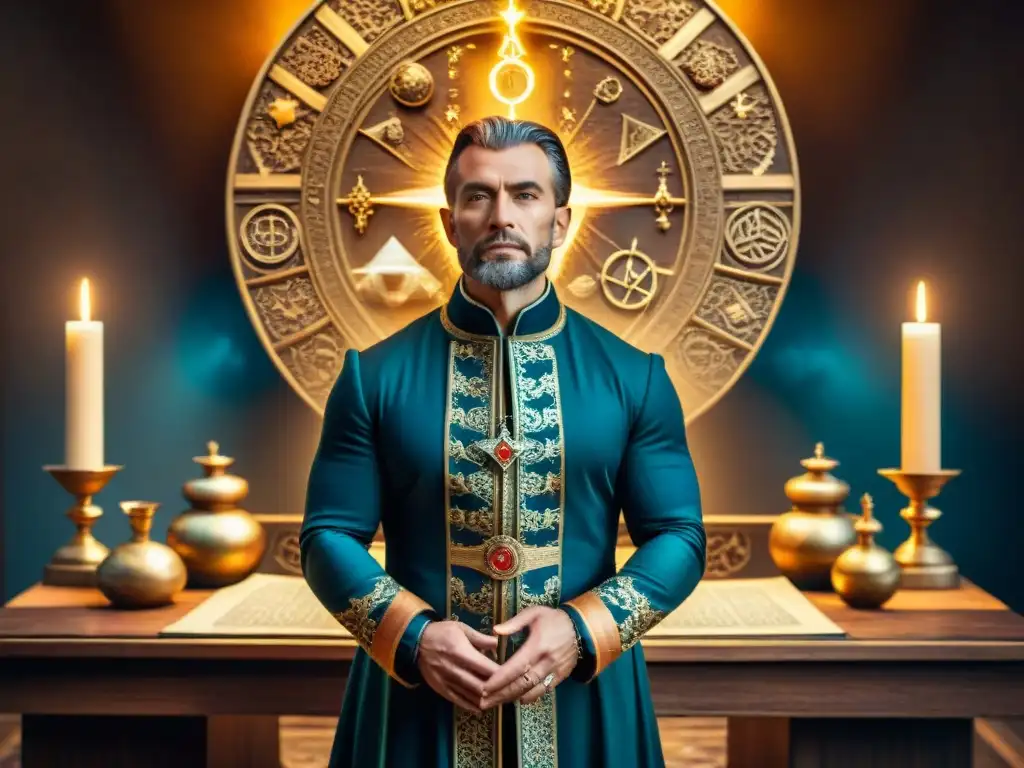 Ilustración sepia detallada de Johannes Trithemius en la corte real, rodeado de símbolos alquímicos y manuscritos antiguos