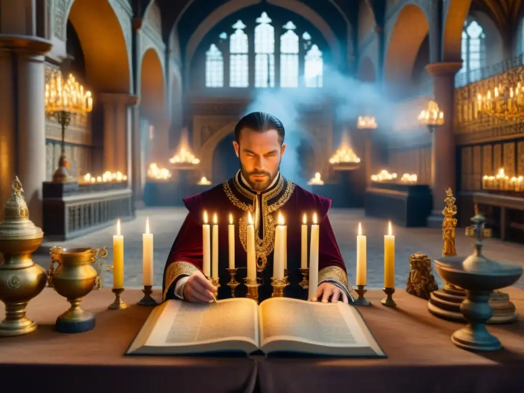 Ilustración detallada en sepia de Johannes Trithemius en una corte real, rodeado de alquimia, manuscritos antiguos y símbolos misteriosos