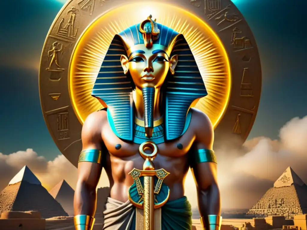 Representación detallada en sepia del dios egipcio Thoth con símbolos alquímicos antiguos, rodeado de luz dorada