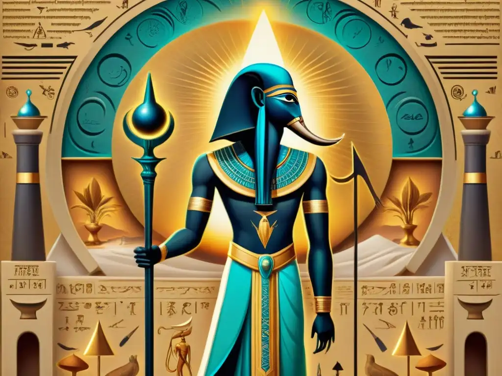 Ilustración detallada en sepia de Thoth, dios egipcio con cabeza de ibis, rodeado de figuras históricas estudiando alquimia y escritura sagrada