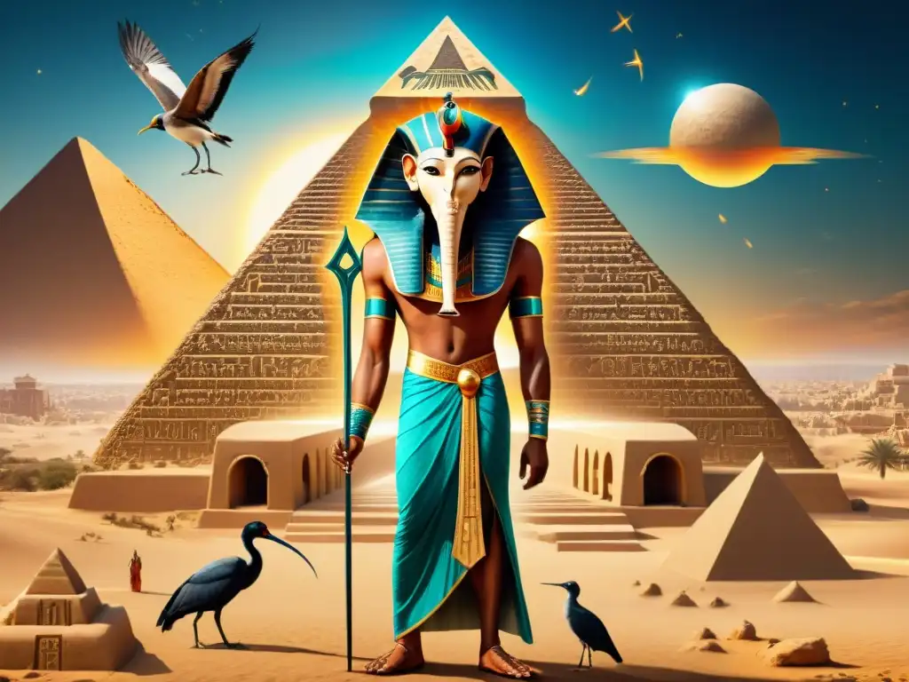 Ilustración detallada sepia de Thoth, dios egipcio, rodeado de símbolos alquímicos y un mapa celestial, en un ambiente místico y erudito