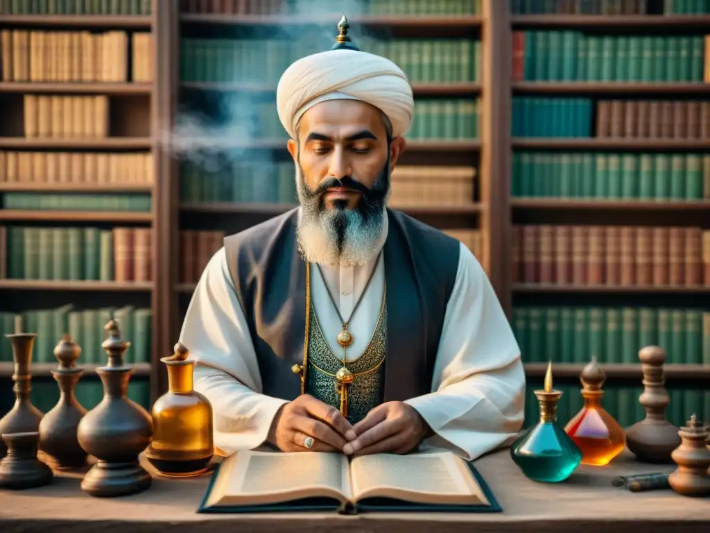 Ilustración sepia detallada de Jābir ibn Hayyān en un entorno académico, rodeado de herramientas alquímicas antiguas y manuscritos