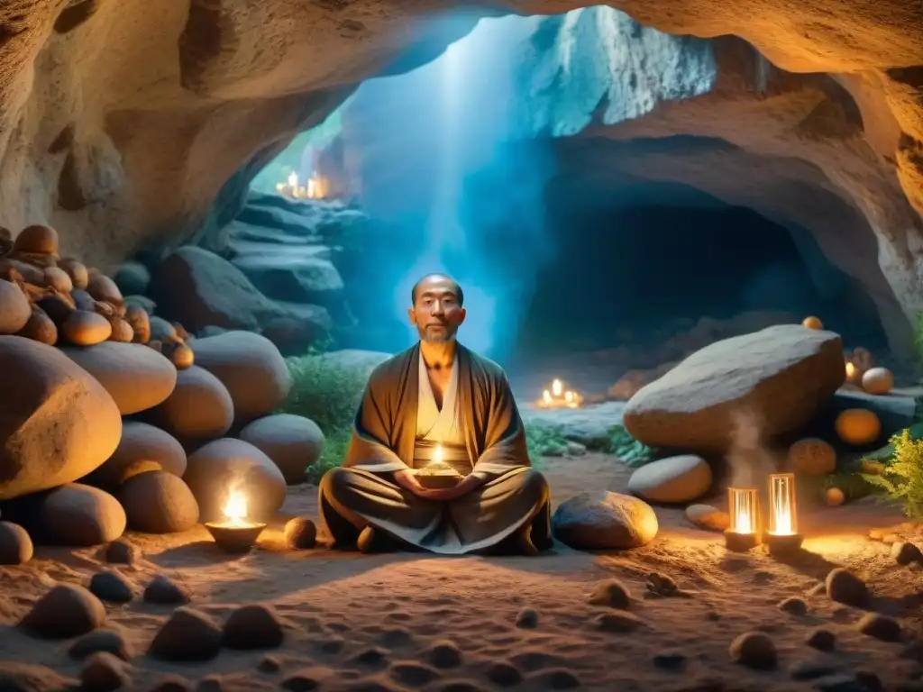 Ilustración sepia detallada de Chen Tuan, alquimista ermitaño, meditando en cueva montañosa con herramientas alquímicas y luz de velas