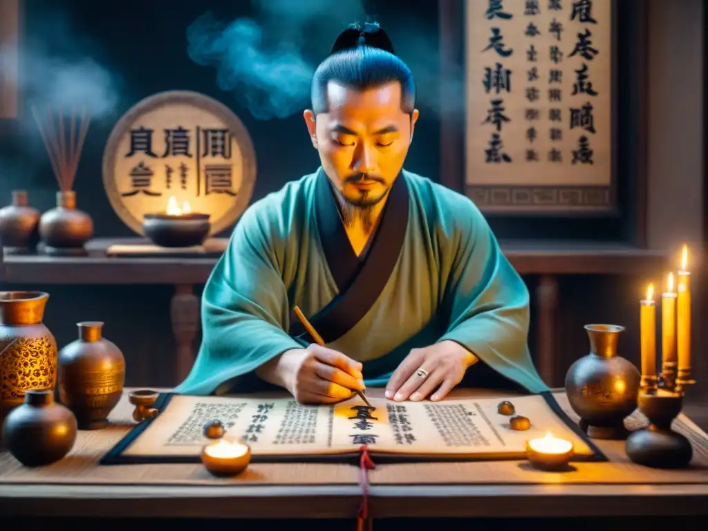 Ilustración sepia detallada de figuras históricas de China antigua practicando alquimia y consultando el I Ching en un laboratorio tradicional