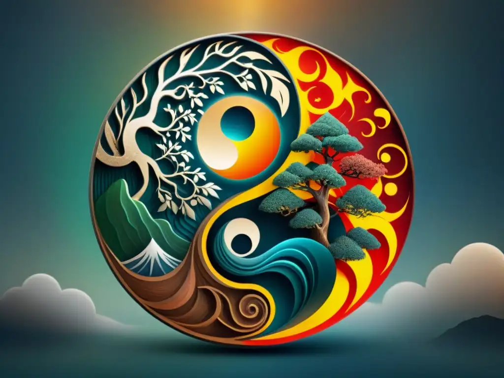 Ilustración sepia detallada del yin-yang fusionándose con los cinco elementos de la alquimia china Cantong qi