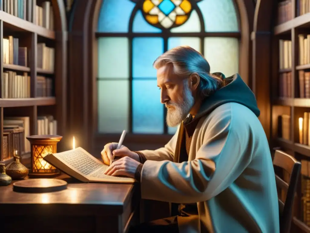 Ilustración detallada de Chaucer en su estudio alquímico Ilustración sepia detallada de Geoffrey Chaucer en su escritorio con libros antiguos y símbolos místicos, bañado en cálida luz dorada