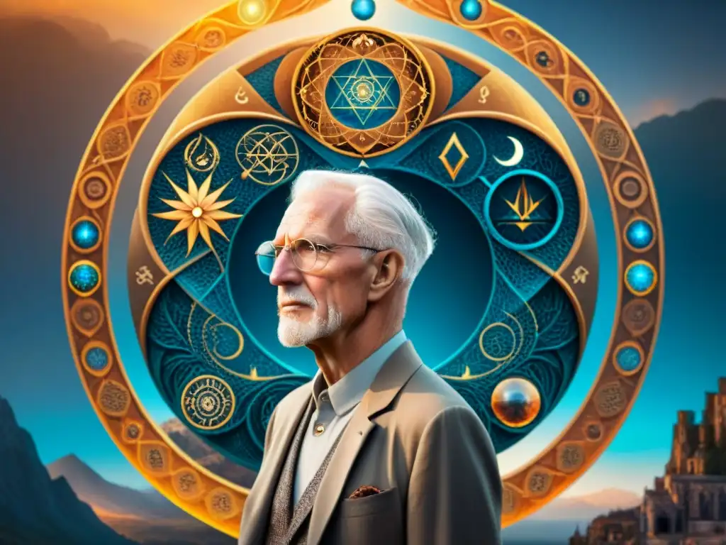 Ilustración sepia detallada de Carl Jung en trance alquímico Ilustración sepia detallada de Carl Jung inmerso en pensamientos, rodeado de elementos alquímicos y un aura mística