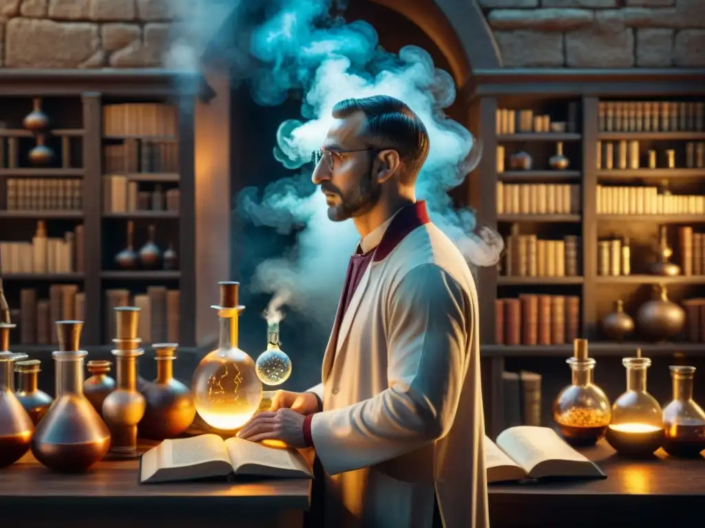 Laberinto de misterios: Alquimia ancestral en ilustración detallada sepia Ilustración sepia detallada de un laboratorio de alquimia antigua con un alquimista concentrado rodeado de símbolos y libros