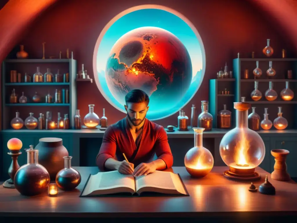 Una ilustración sepia detallada de un laboratorio alquímico antiguo con pociones burbujeantes, cristales brillantes y manuscritos antiguos