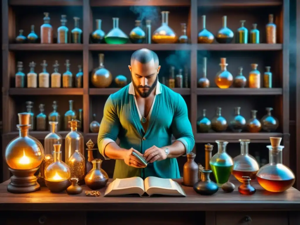 Alquimia ancestral: laboratorio misterioso del alquimista Ilustración sepia detallada de un laboratorio alquímico antiguo, con pociones burbujeantes y símbolos misteriosos