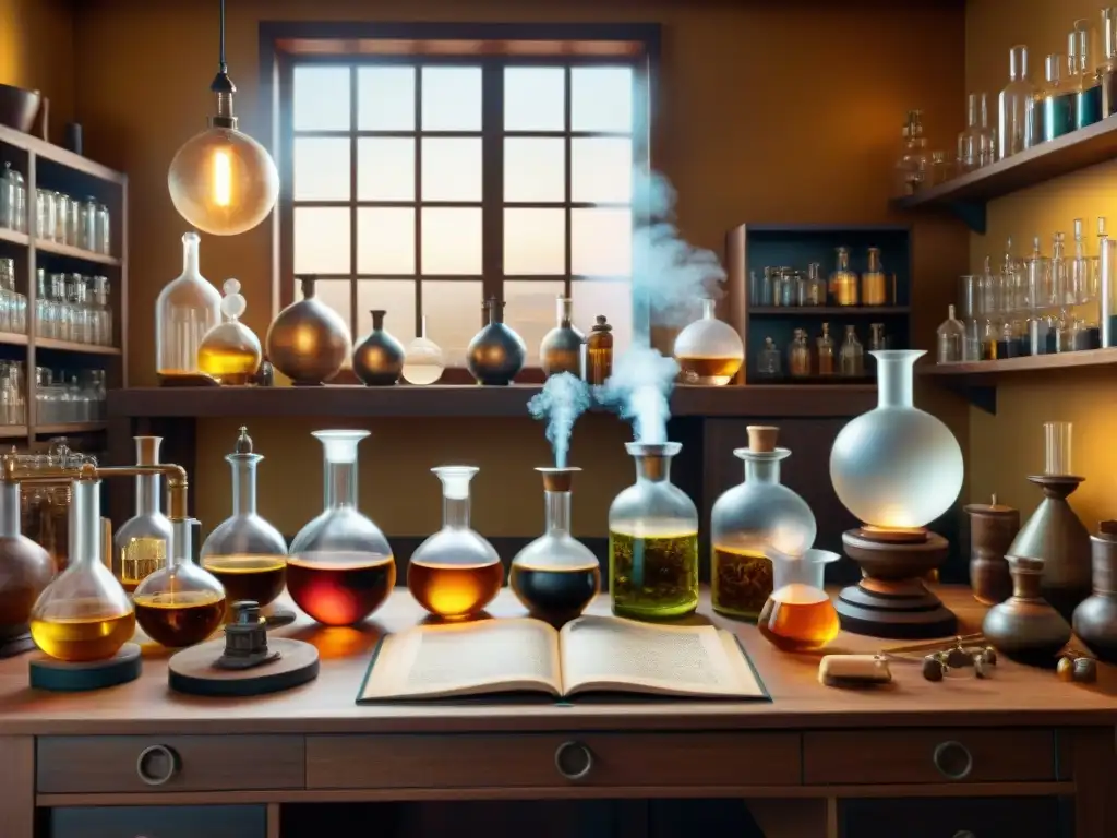 Laboratorio alquímico: misterio y transformación en tonos sepia Ilustración sepia detallada de un laboratorio alquímico antiguo, con pociones burbujeantes y símbolos misteriosos
