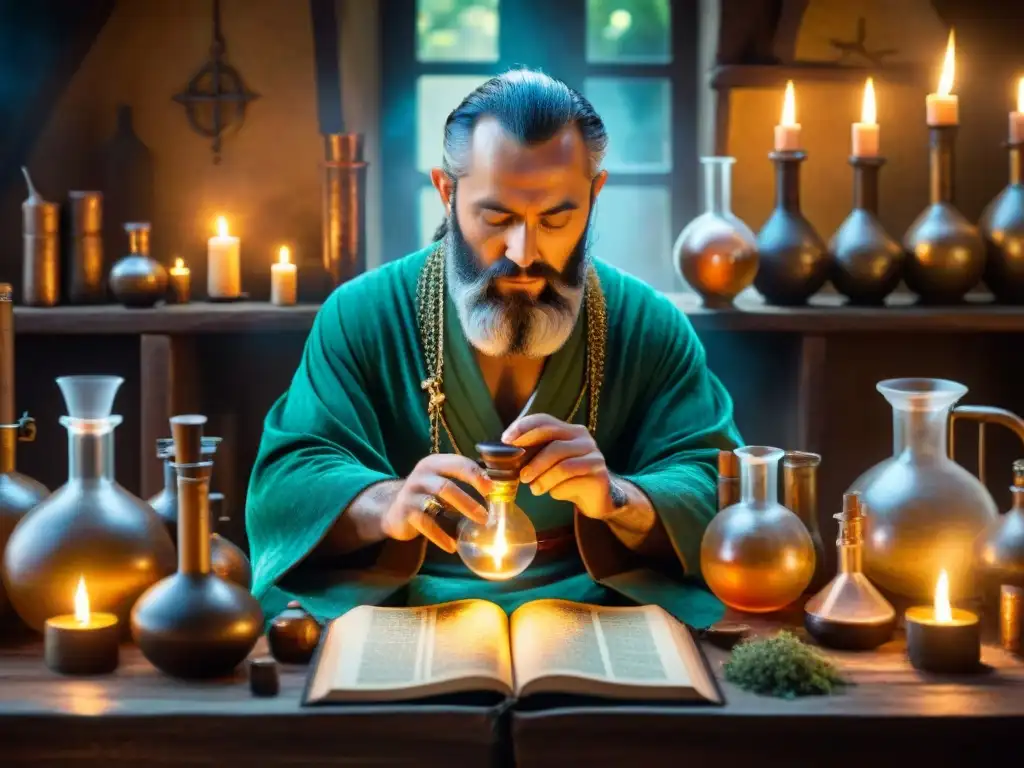 Alquimia ancestral: laboratorio de un alquimista medieval Ilustración sepia detallada de un laboratorio alquímico medieval