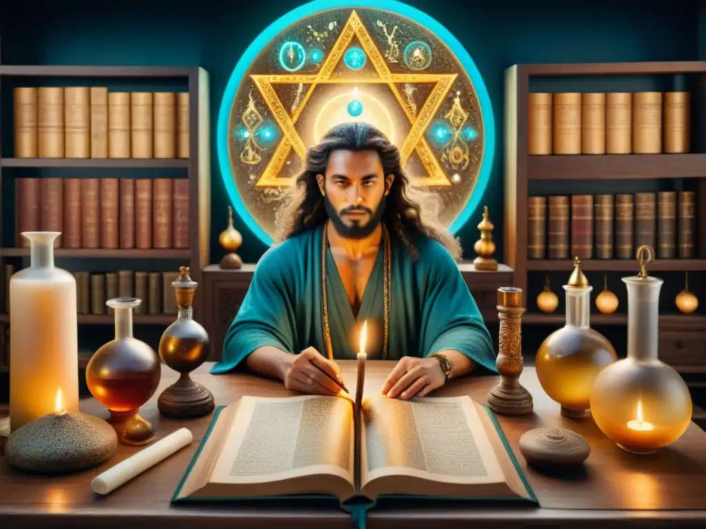 Ilustración sepia detallada de un laboratorio alquímico místico con símbolos de la Cábala y herramientas antiguas