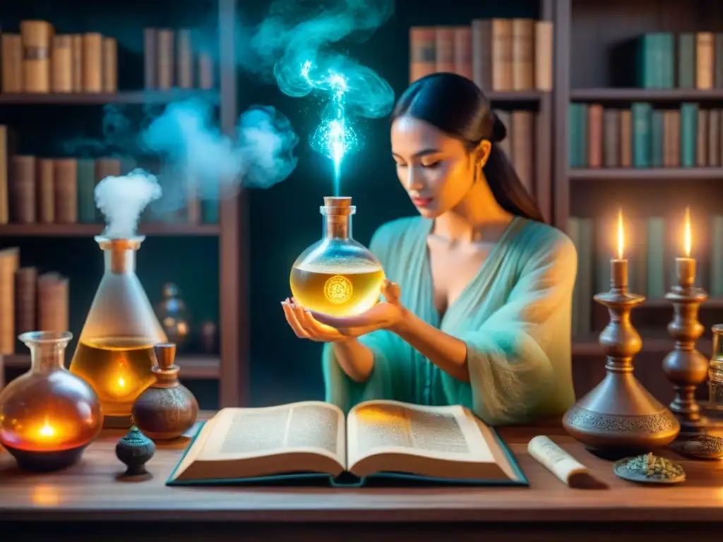 Alquimia mística: laboratorio encantado con pociones y luz etérea Una ilustración sepia detallada de un laboratorio alquímico místico con pociones burbujeantes y libros antiguos