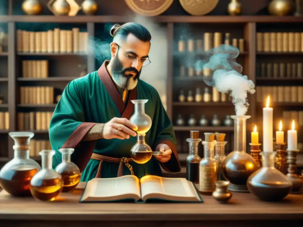Ilustración sepia detallada de un laboratorio de alquimista antiguo