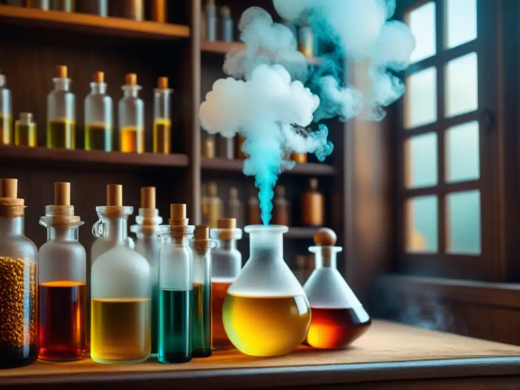 Ilustración detallada de laboratorio alquímico con elixir dorado Ilustración sepia detallada de un laboratorio de alquimista con frascos, líquidos burbujeantes, símbolos misteriosos y un elixir dorado destilándose
