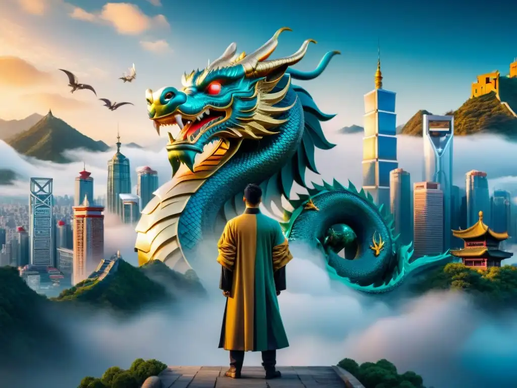 Skyline futurista fusionado con símbolos alquímicos chinos Ilustración sepia detallada: legado alquimia China mundo contemporáneo fusionado en skyline urbano con dragones y símbolos