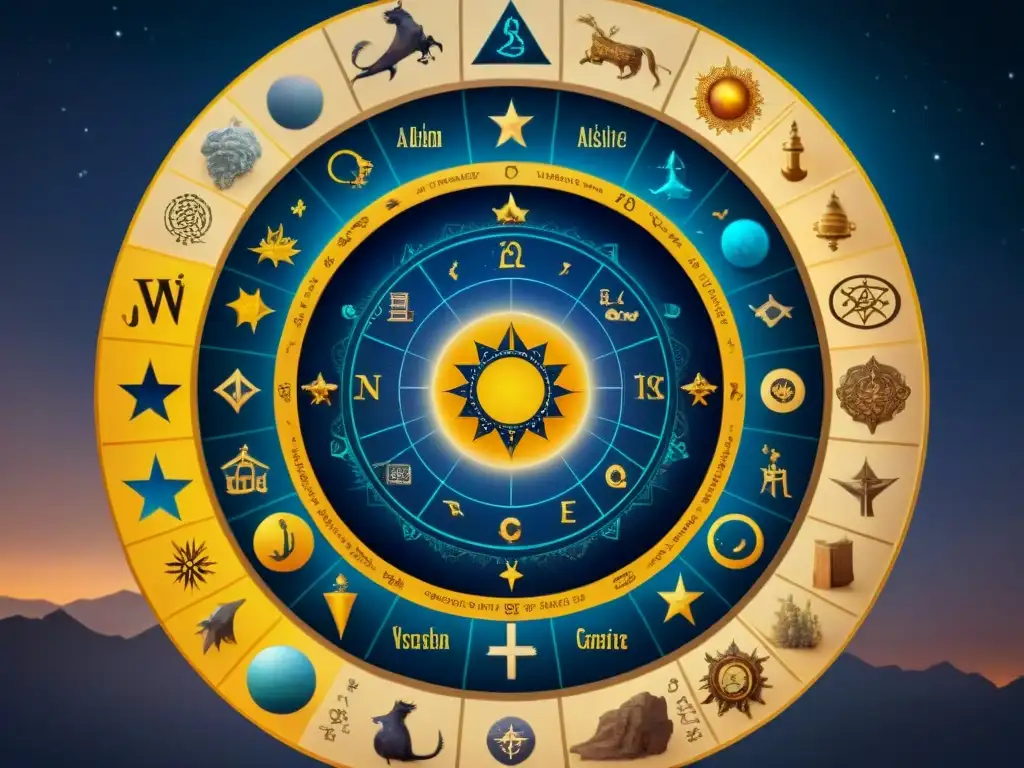 Ilustración sepia detallada con mapa celeste de signos zodiacales entrelazados con símbolos alquímicos