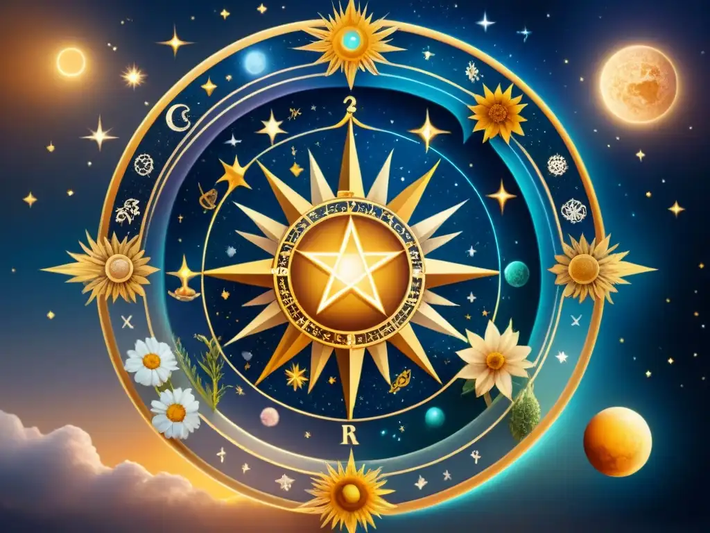 Ilustración detallada en sepia de un mapa celestial con signos zodiacales y símbolos alquímicos entrelazados con hierbas curativas y flores