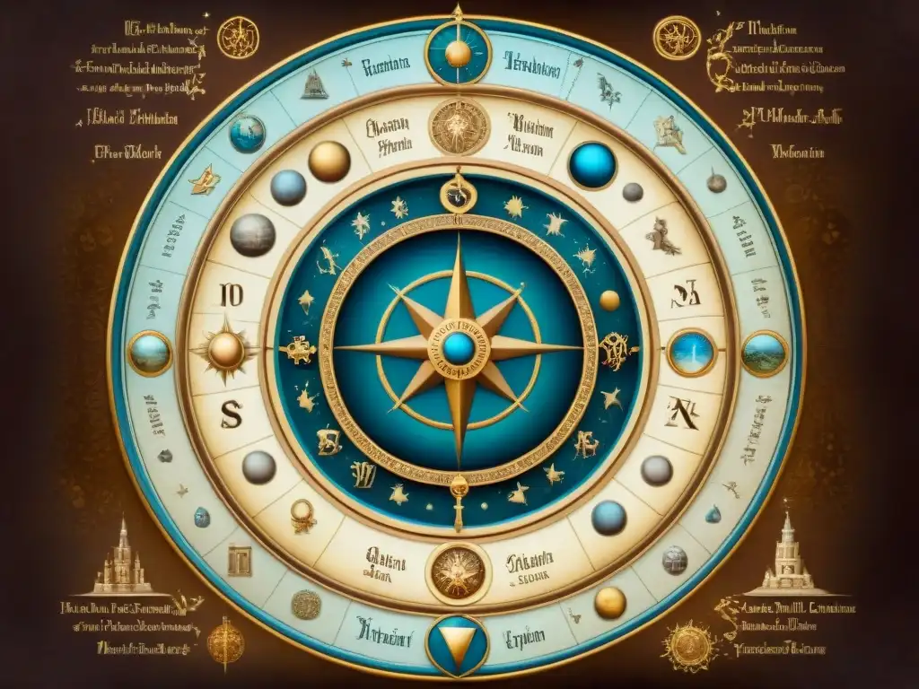 Ilustración medieval detallada de un mapa celestial con signos zodiacales y símbolos alquímicos, rodeado de seres místicos en tonos sepia