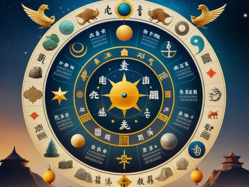 Ilustración sepia detallada de mapa celestial con símbolos alquímicos y signos zodiacales, sobre antiguos textos chinos y artefactos místicos