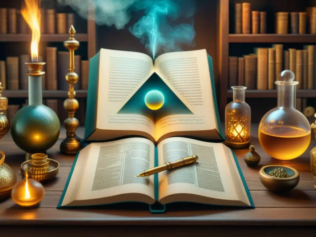 Laboratorio alquímico místico con libros antiguos y pociones burbujeantes Ilustración sepia detallada de un místico laboratorio alquímico lleno de textos antiguos y pociones burbujeantes, con símbolos alquímicos