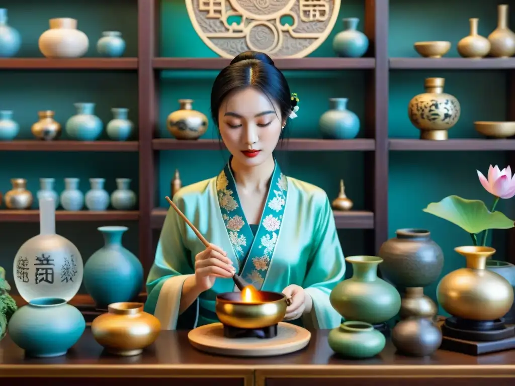 Ilustración detallada en sepia de una mujer china en un laboratorio alquímico, mezclando pócimas coloridas