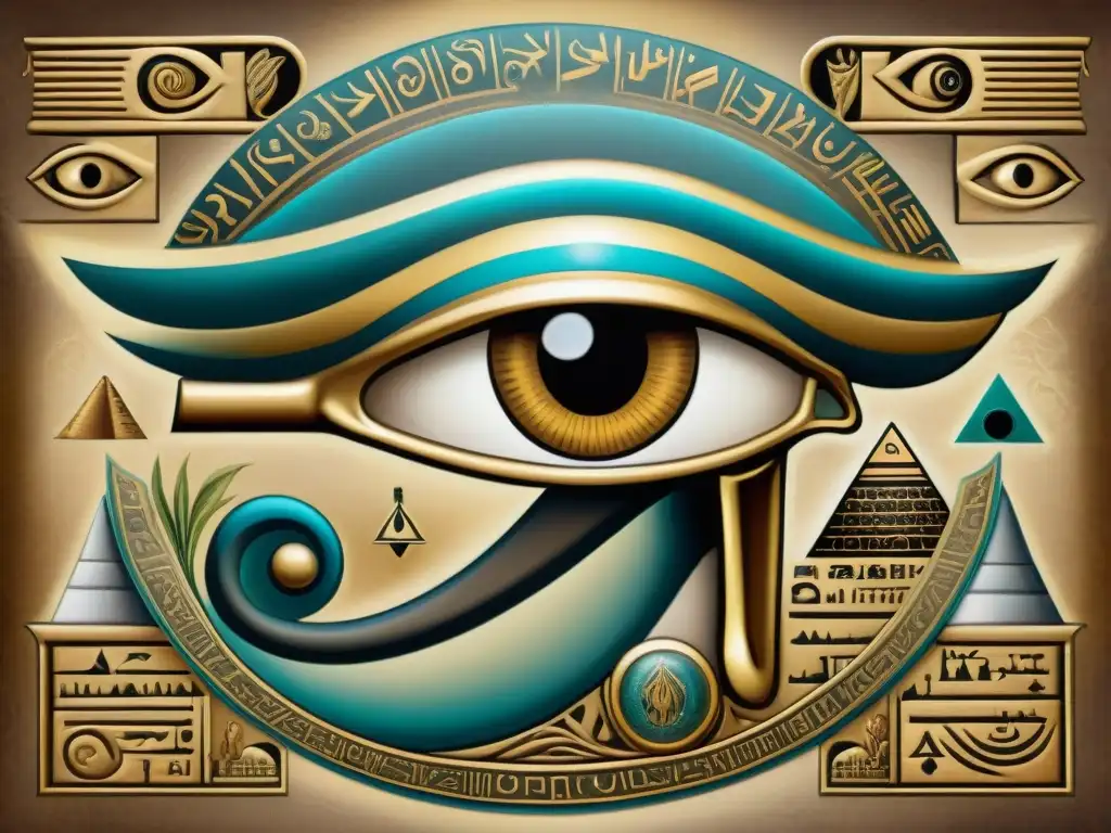 Una ilustración sepia detallada del Ojo de Horus con símbolos alquímicos en Egipto