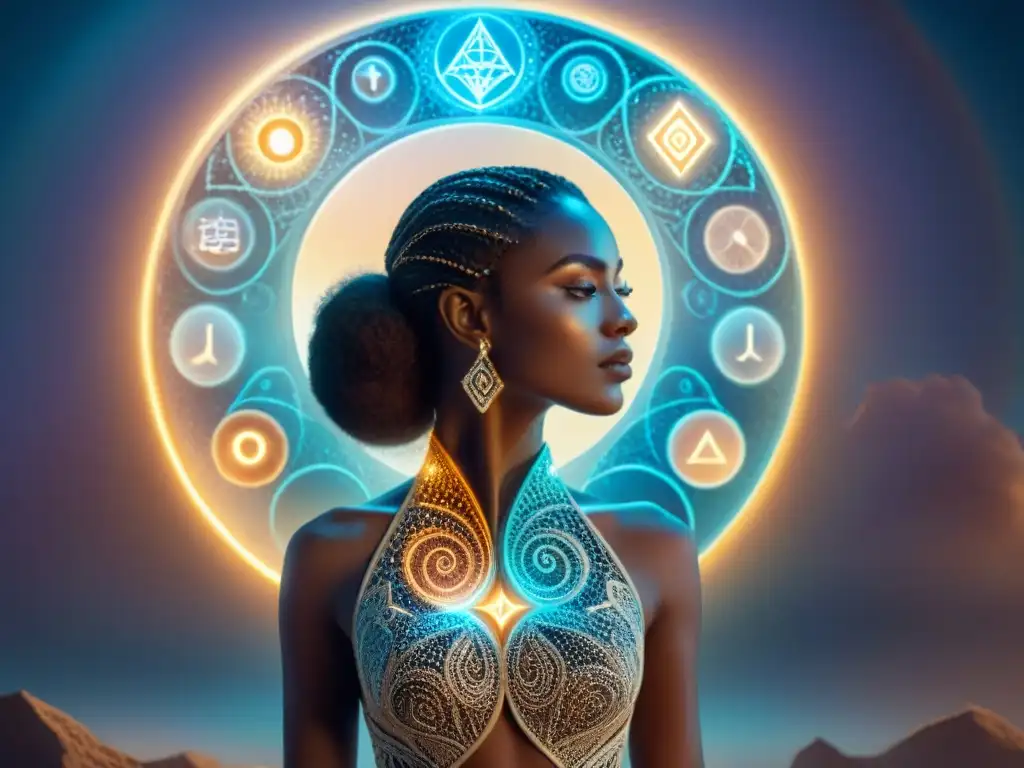 Ilustración detallada en sepia de una persona frente al espejo, reflejando autoexploración y empoderamiento con símbolos alquímicos