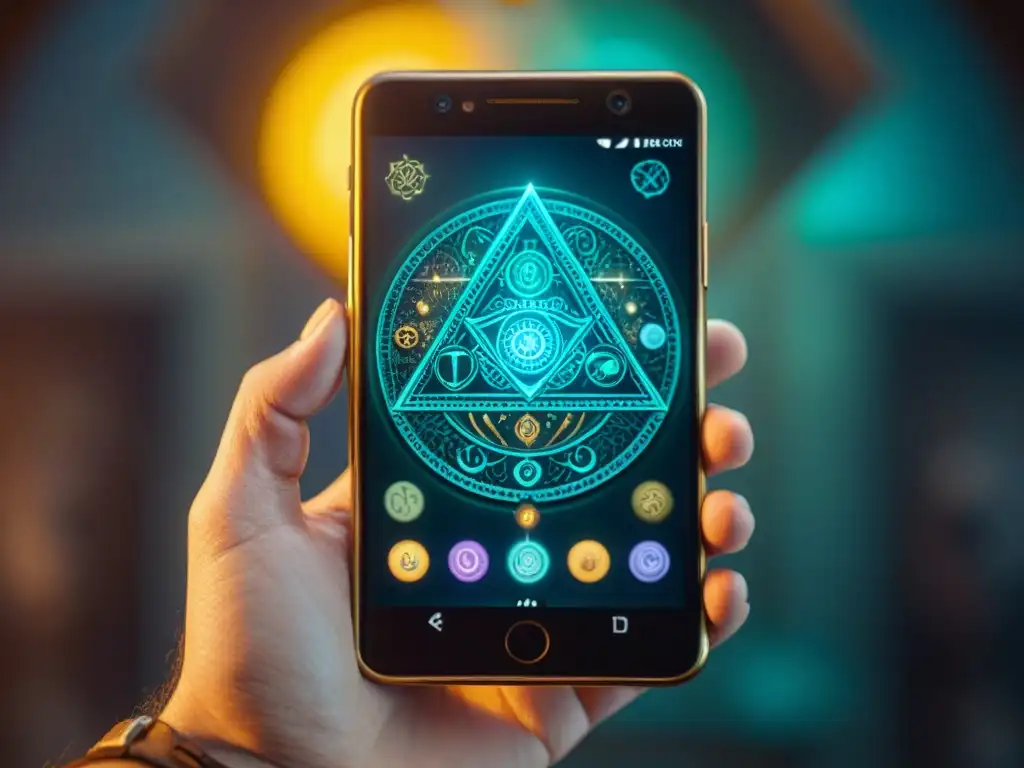 Ilustración detallada y rica en textura de un smartphone integrado con herramientas y símbolos alquímicos, perfecto para practicantes de alquimia