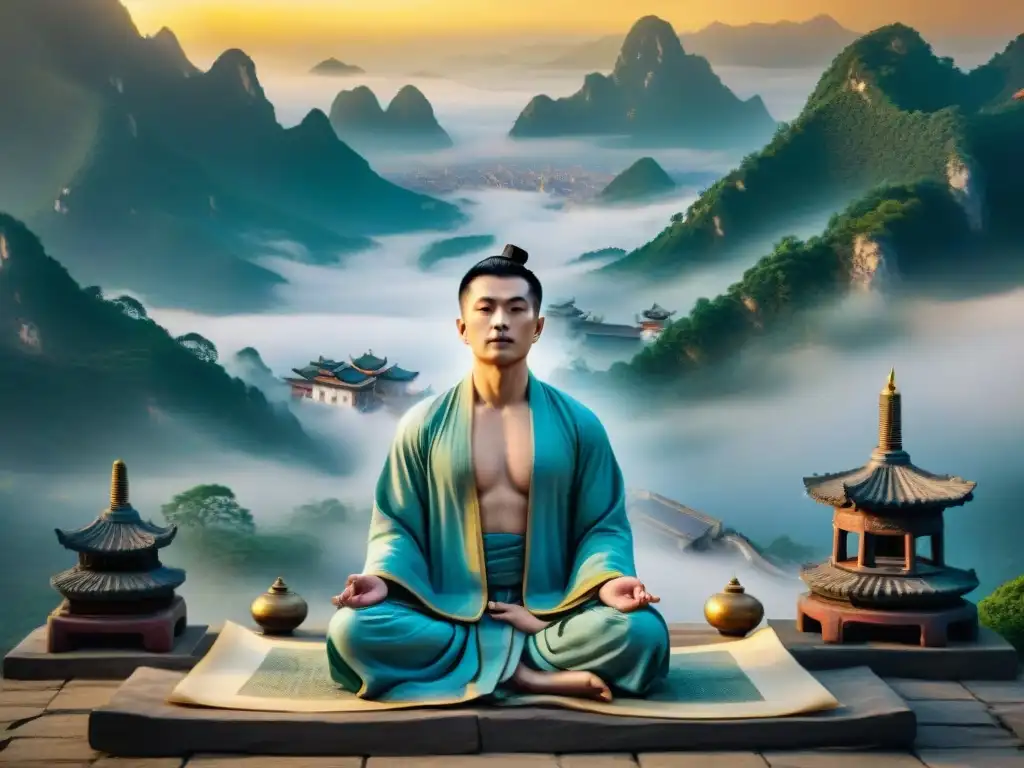 Ilustración detallada en sepia de Zhang Boduan meditando rodeado de símbolos alquímicos y templos chinos antiguos entre la neblina