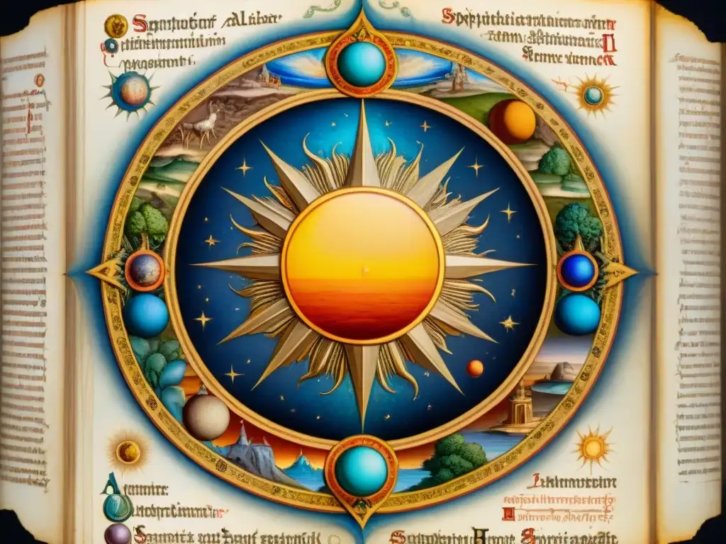 Ilustración detallada en sepia del simbolismo alquímico Splendor Solis: un sol central rodeado de elementos simbólicos como planetas y animales