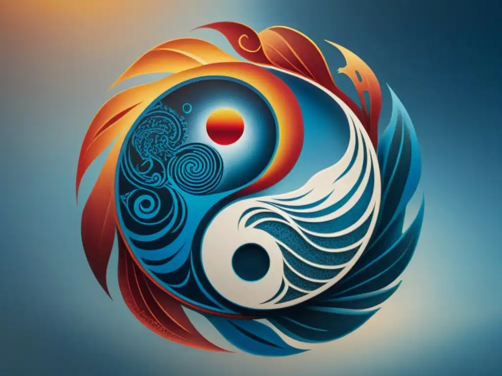 Ilustración sepia detallada de un símbolo yin yang con caligrafía china, equilibrio de fuerzas opuestas