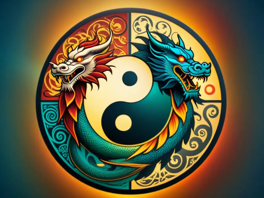 Ilustración sepia detallada del símbolo Yin Yang rodeado de dragones y fénix, simbolizando el equilibrio armónico en la alquimia china