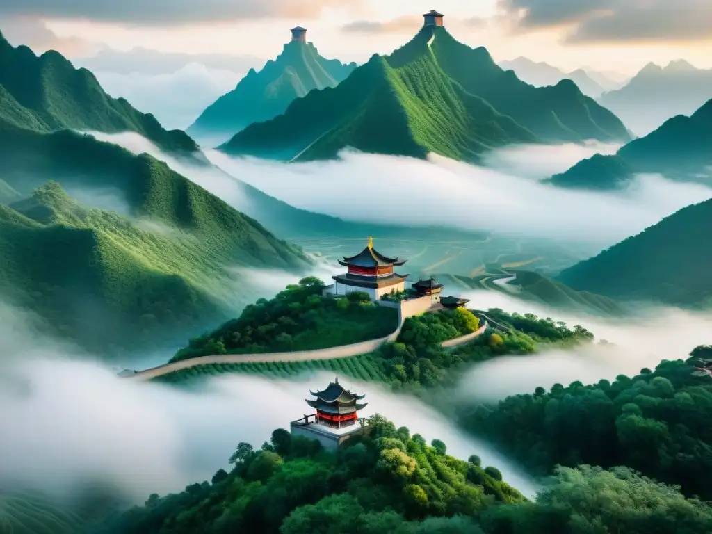 Ilustración detallada: Símbolos alquímicos chinos con dragón y paisaje de montaña Ilustración sepia detallada con símbolos alquímicos chinos y elementos botánicos tradicionales, en un paisaje de montaña con un dragón entre las nubes