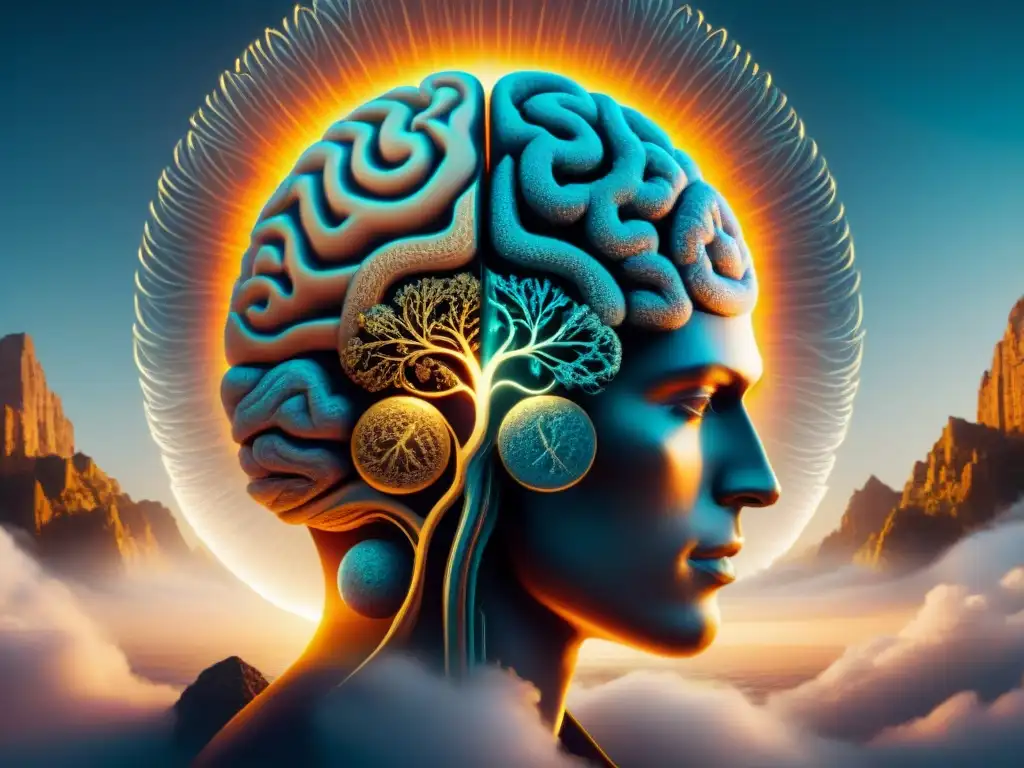 Ilustración alquímica: fusión de psicología y conciencia Ilustración detallada en sépia de símbolos alquímicos entrelazados con el cerebro humano, fusionando psicología y alquimia en consciencia