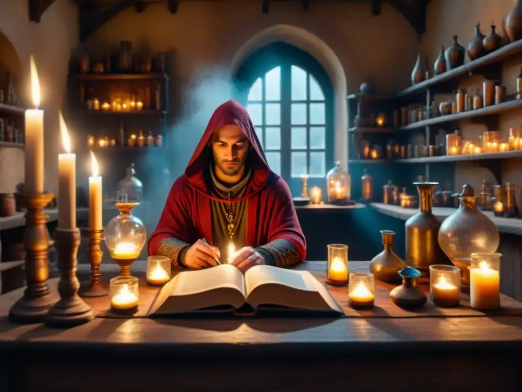 Alquimia ancestral: taller del alquimista en penumbra Ilustración detallada en sepia de un taller de alquimia medieval, con velas, libros antiguos y una figura misteriosa en capucha