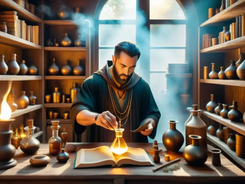 Antigua alquimia: misterio y sabiduría en el taller del alquimista Ilustración sepia detallada de un taller de alquimista con herramientas antiguas, pociones burbujeantes y símbolos misteriosos