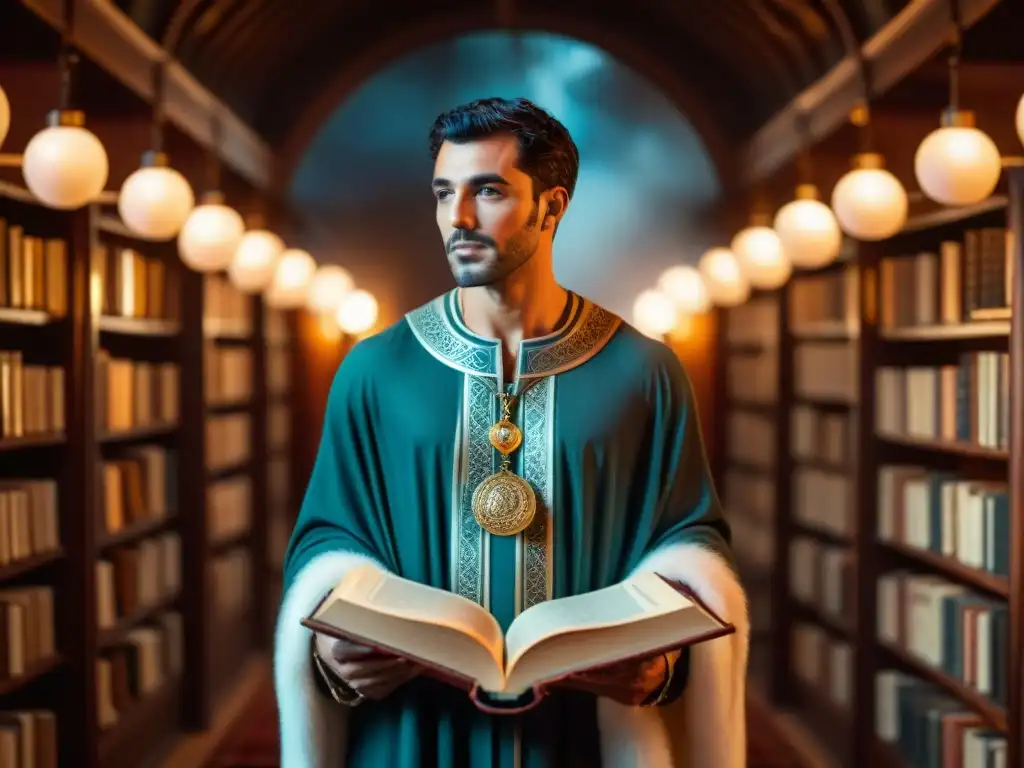 Ilustración sepia detallada de Hermes Trismegistus rodeado de símbolos antiguos en una biblioteca iluminada por velas, transmite sabiduría ancestral